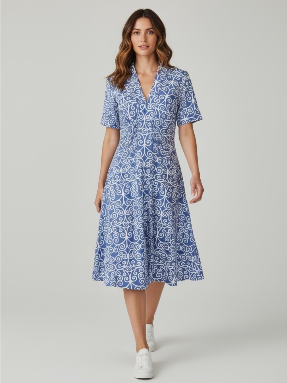 Blue and White Swirl Print Short-Sleeve Dress